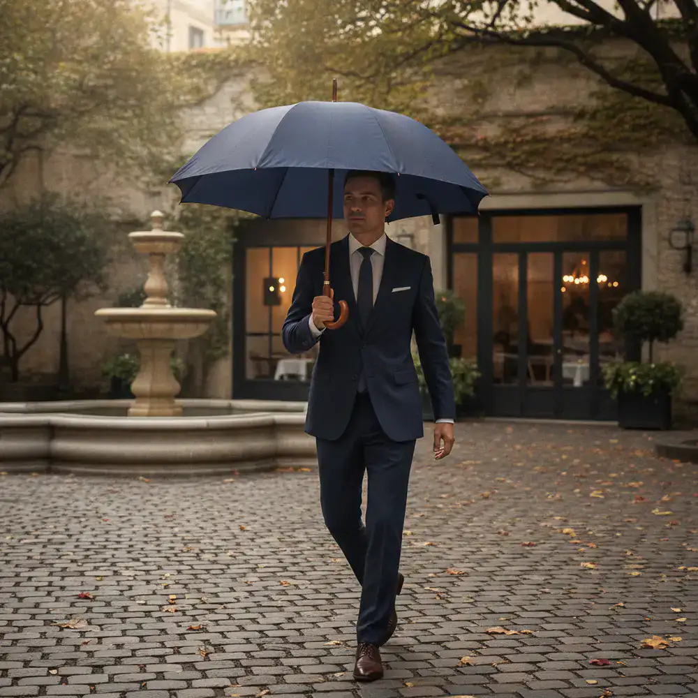 Full length view of the Premium Stick umbrella in a lifestyle setting