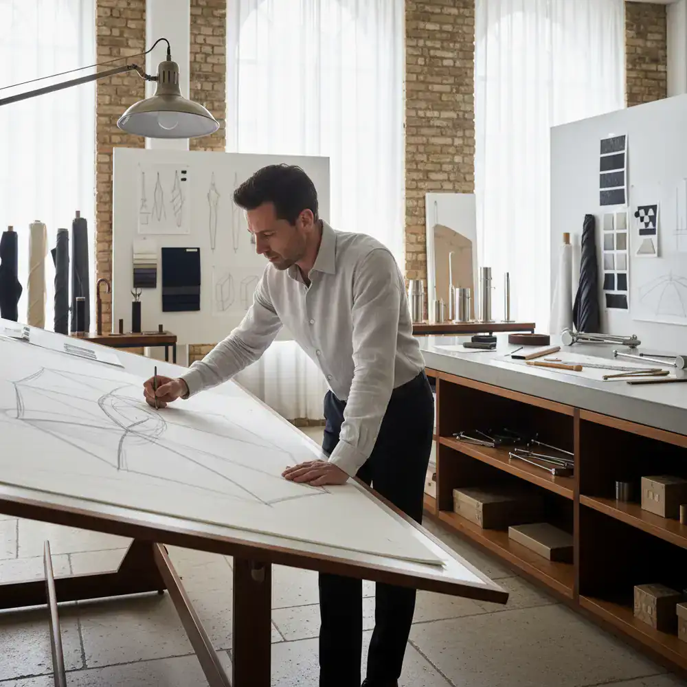 A designer sketching an umbrella silhouette in the Ceravunt studio