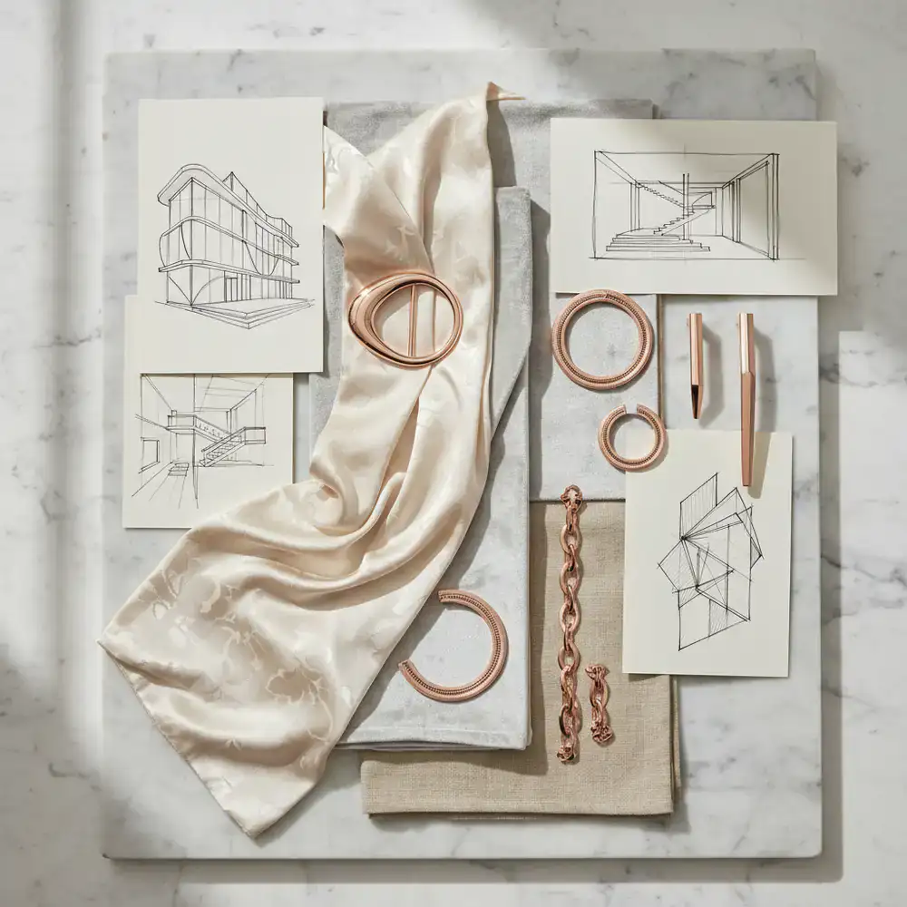 Mood board featuring fabrics, rose gold hardware, and architectural sketches