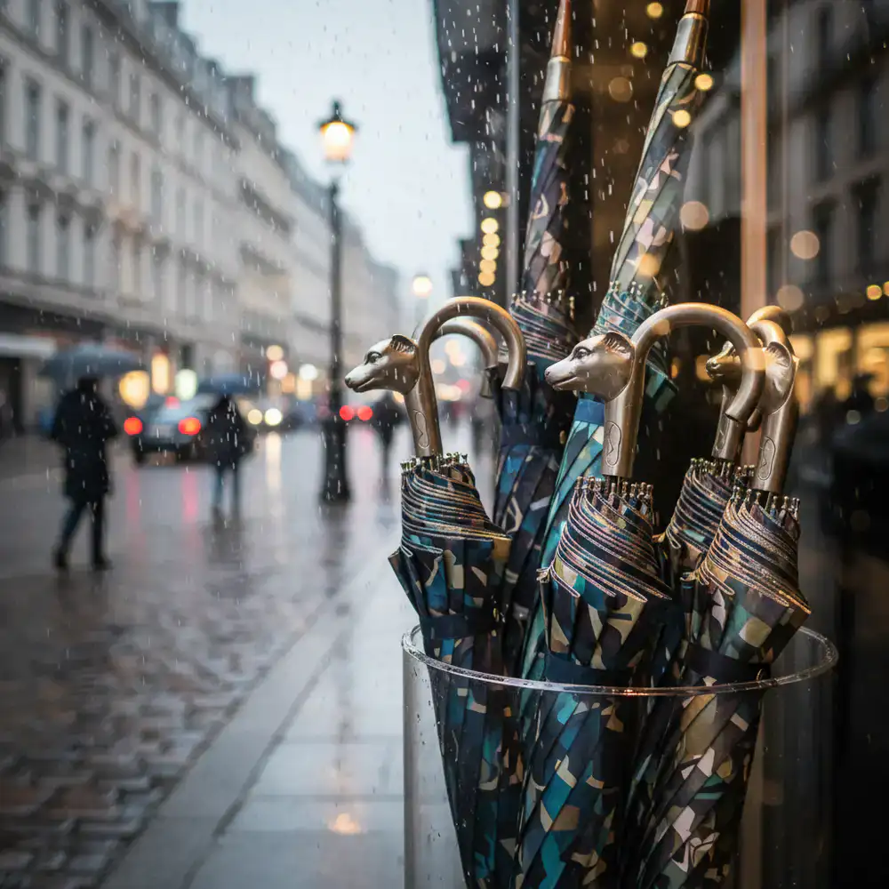 Atmospheric shot of limited edition designer umbrellas during a rainy evening
